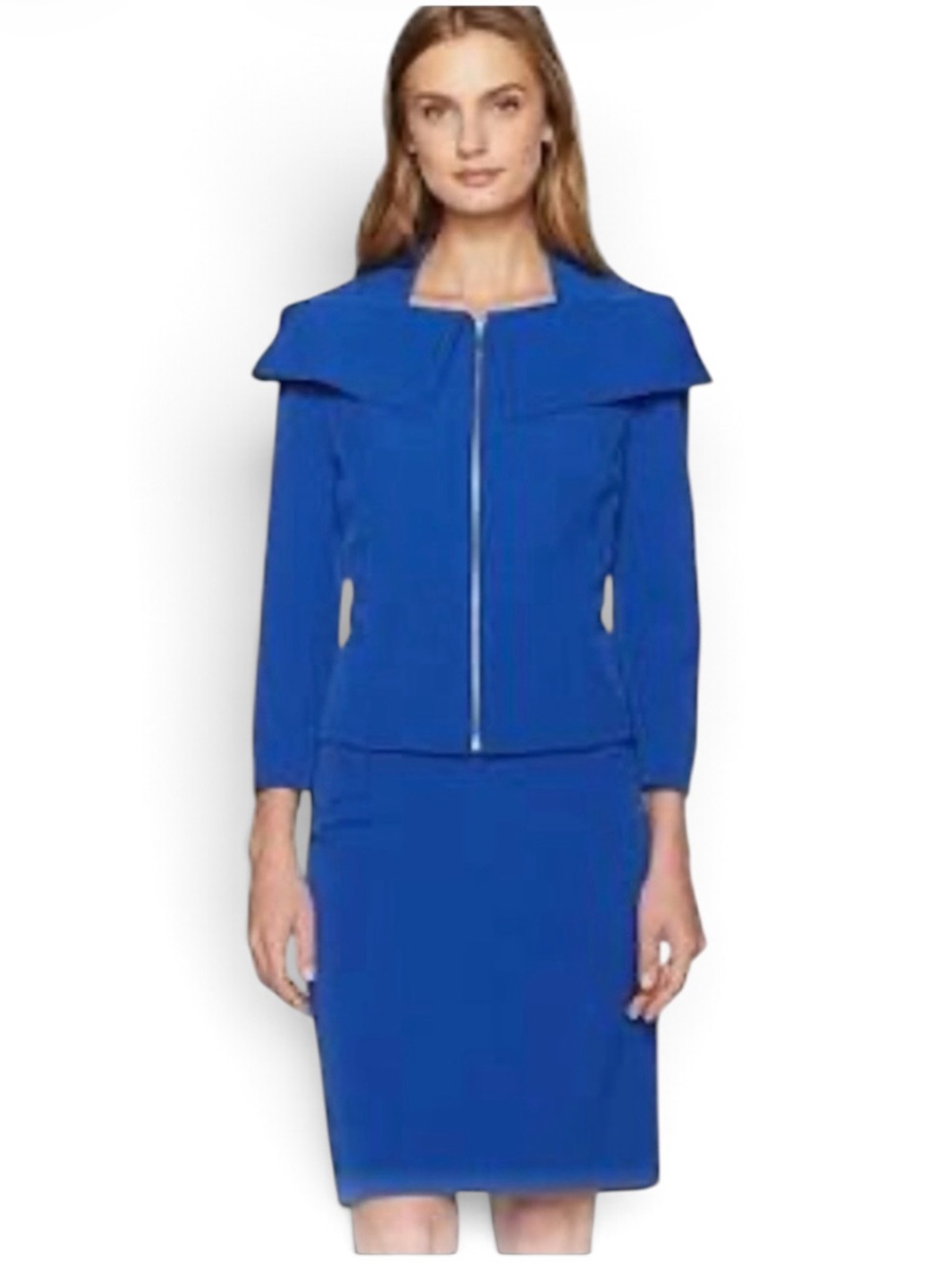 TAHARI Arthur S Levine Cobalt Royal Blue Zip Cape Collar Stretch Skirt Suit 6P